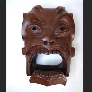 VINTAGE ASIAN 12” HAND CARVED WOOD ANCESTORS MASK HINGED JAW WALL HANGING